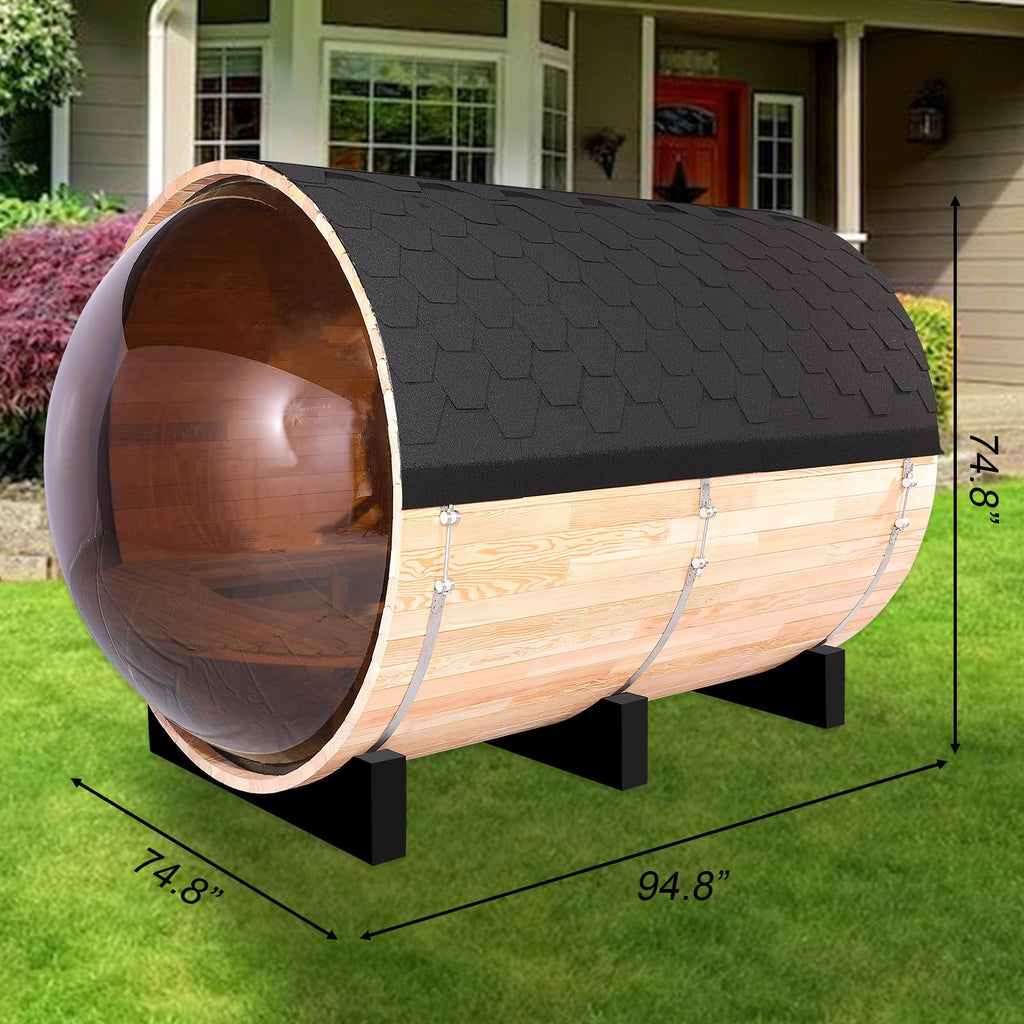 Smartmak Outdoor Panoramic Barrel Sauna, 6-8 People Imported Canadian Hemlock Sauna, 6KW Harvia Electric Heating Furnace, Asphalt Shingle Roof with Sauna Stone, Wooden Barrels, Sauna Accessories