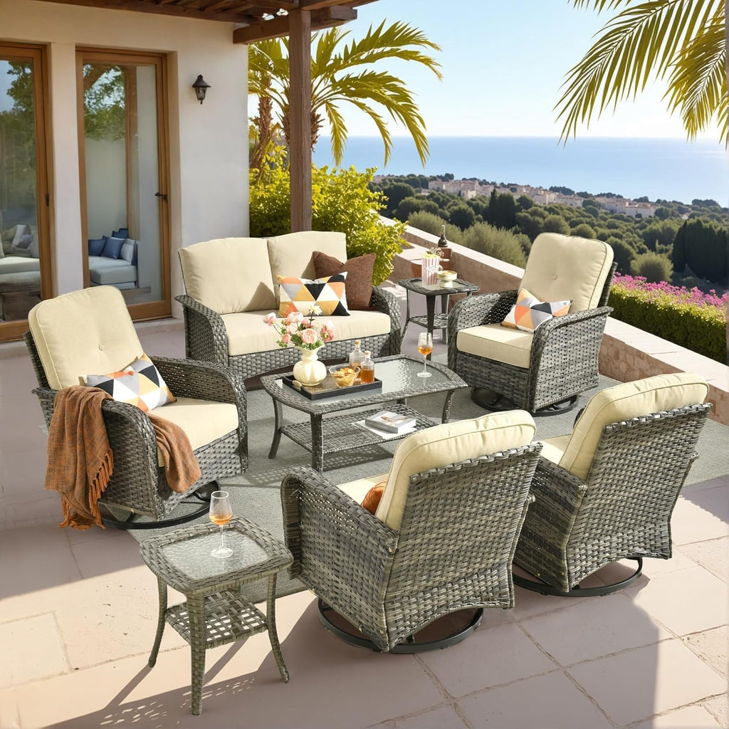 KswyyuwxgqI 8 Pieces Outdoor Patio Furniture Set with All Weather Wicker Loveseat Sofa, High Back Swivel Rocking Chairs, Conversation Tables for Backyard Deck Porch Garden(Beige)