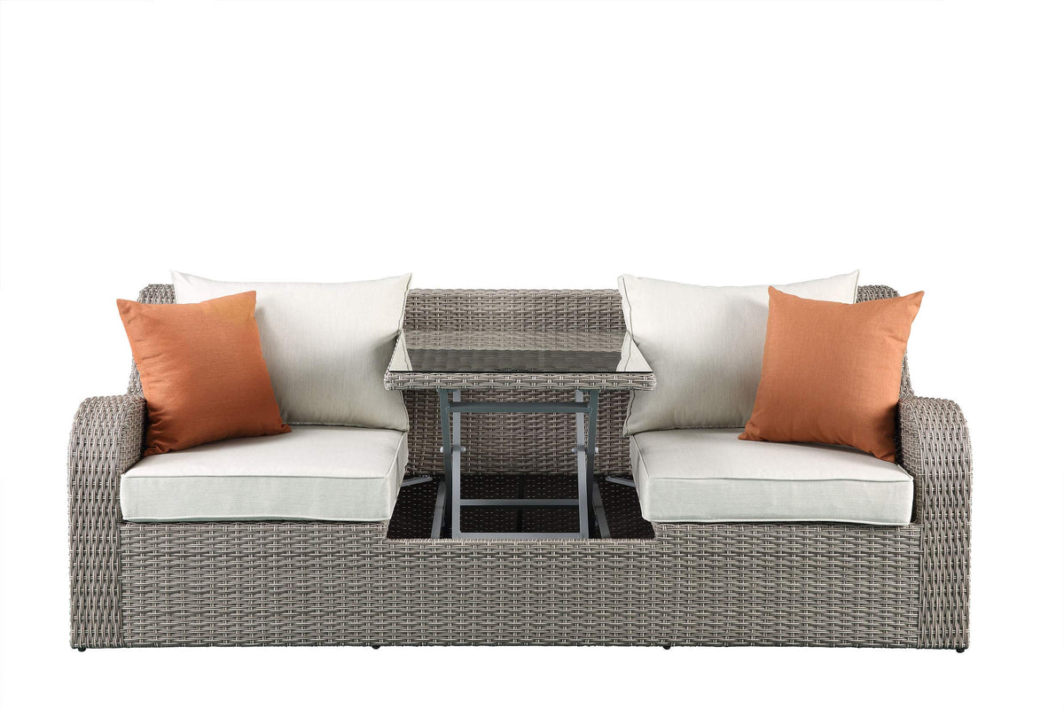 Beige Fabric Gray Wicker Patio Sofa W,2 Pillows 2 Ottomans