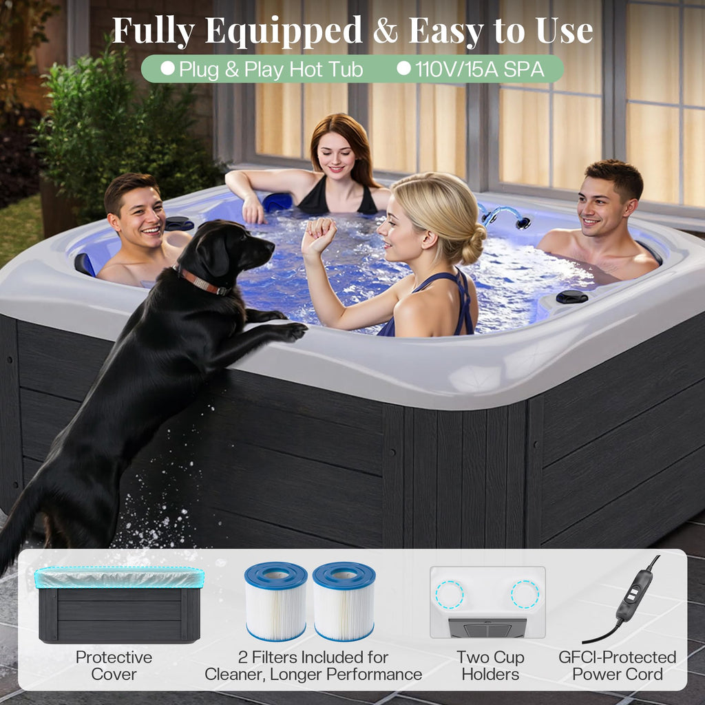 Jocisland 4 Person Outdoor Hot Tub with 23 Stainless Steel Jets, Acrylic