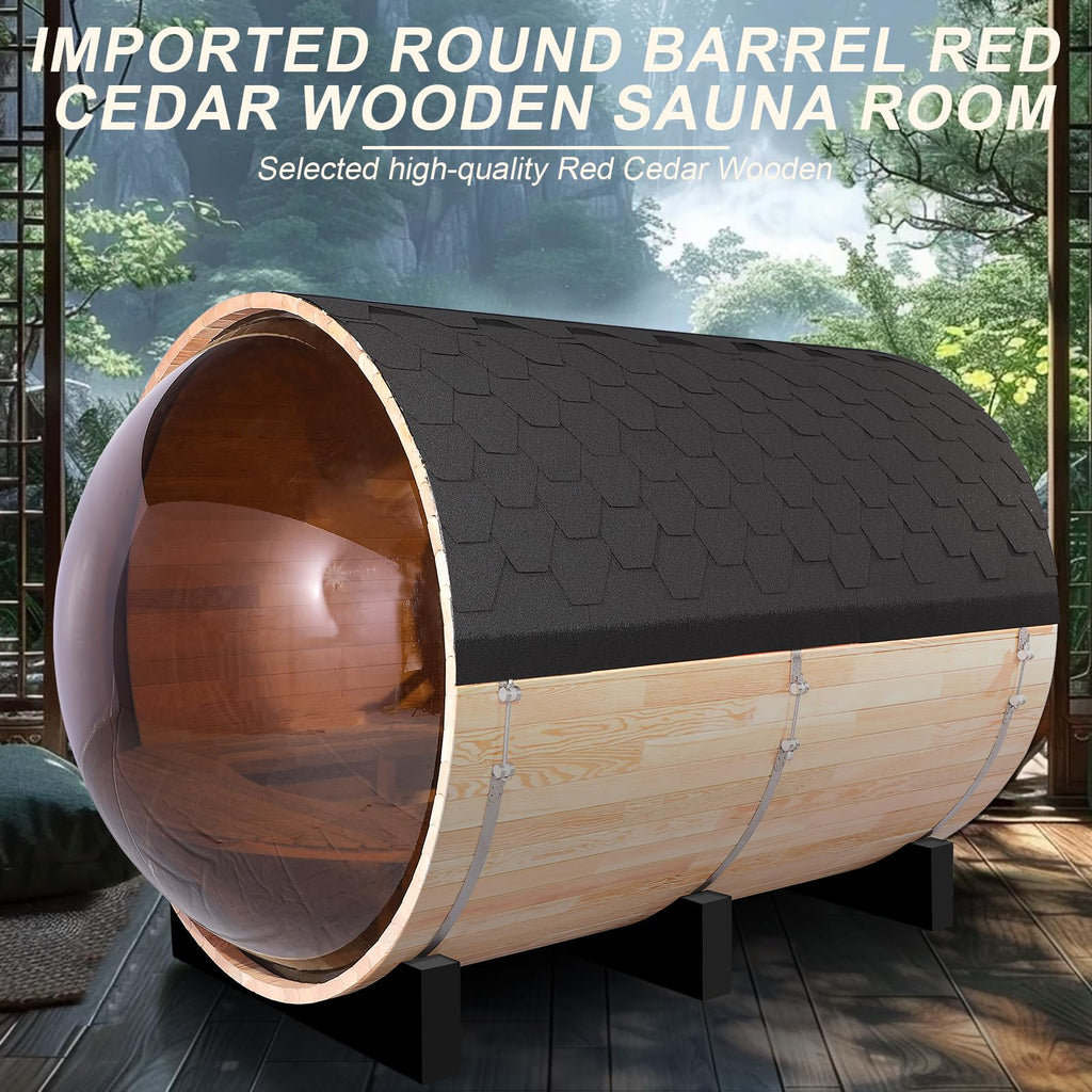 Smartmak Outdoor Panoramic Barrel Sauna, 6-8 People Imported Canadian Hemlock Sauna, 6KW Harvia Electric Heating Furnace, Asphalt Shingle Roof with Sauna Stone, Wooden Barrels, Sauna Accessories
