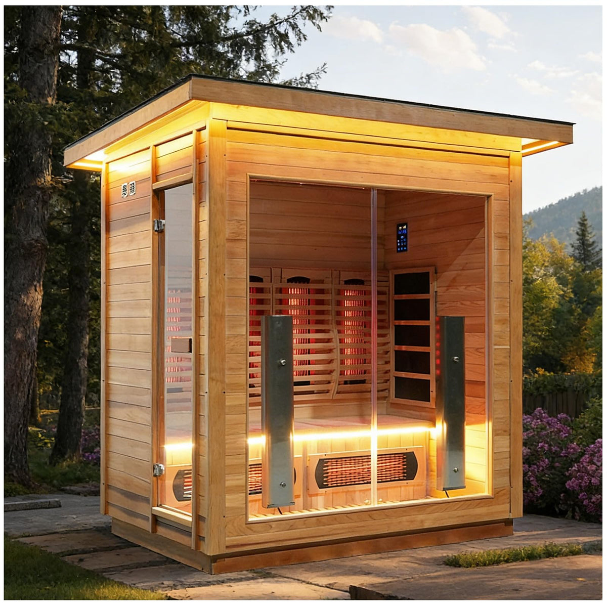 3-4 Person Luxurious Hybrid Home Wood Sauna, Outdoor WiFi Control Hemlock Traditional Steam Sauna & Far Infrared Spa Room with Full-spectrum Red light Heating Tubes & Electric Stove, Accessories