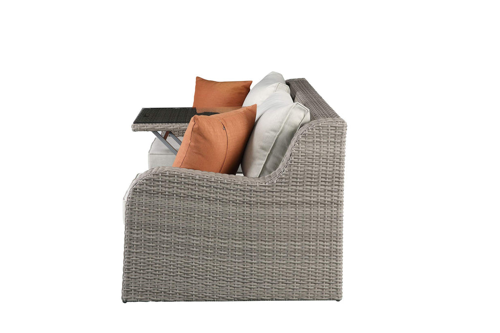 Beige Fabric Gray Wicker Patio Sofa W,2 Pillows 2 Ottomans