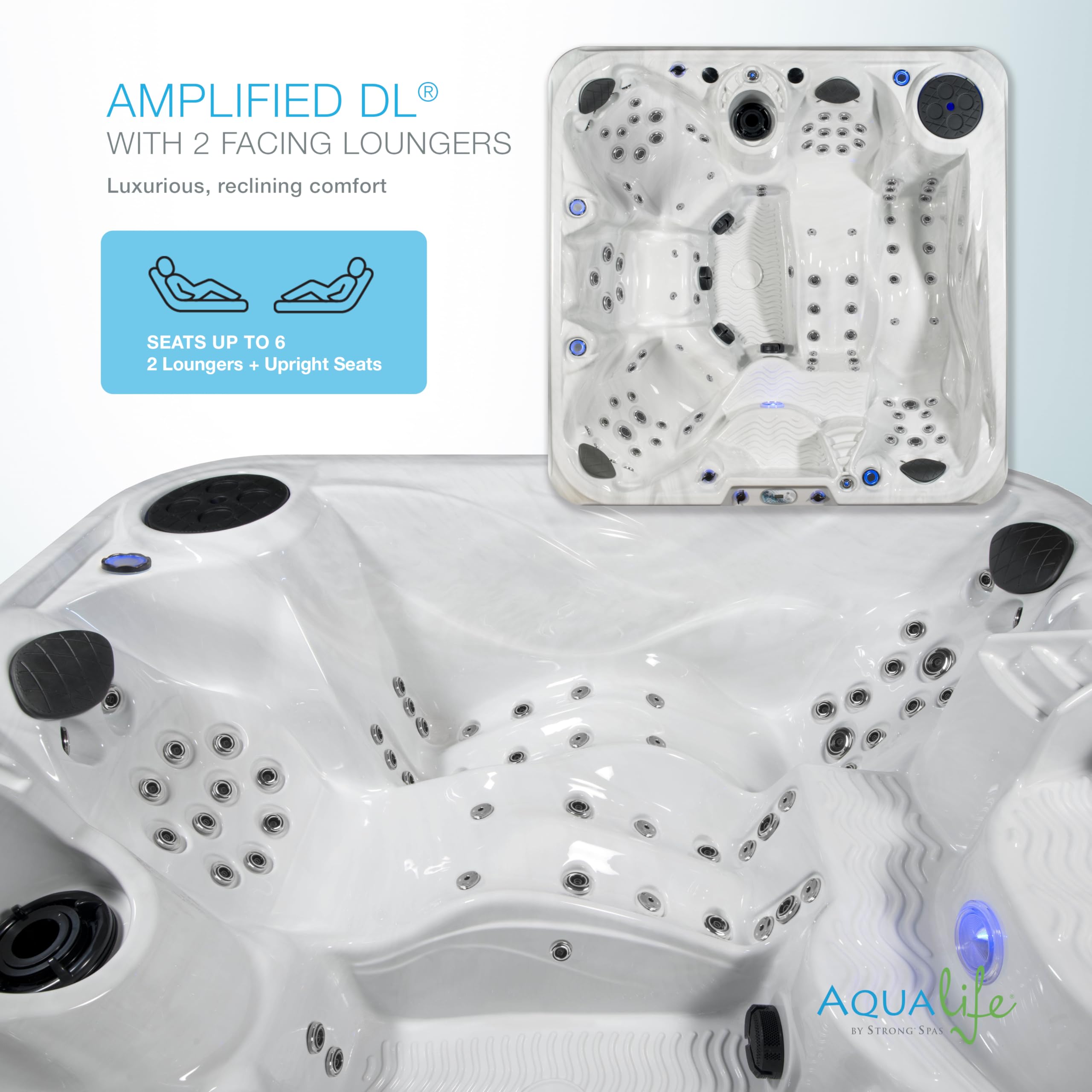 AquaLife Amplified™ 6-Person 100-Jet Acrylic Double Lounger Hot Tub with Bluetooth Stereo, LED Lighting, Insulated Cover, Stainless Steel Heater and Ozonator