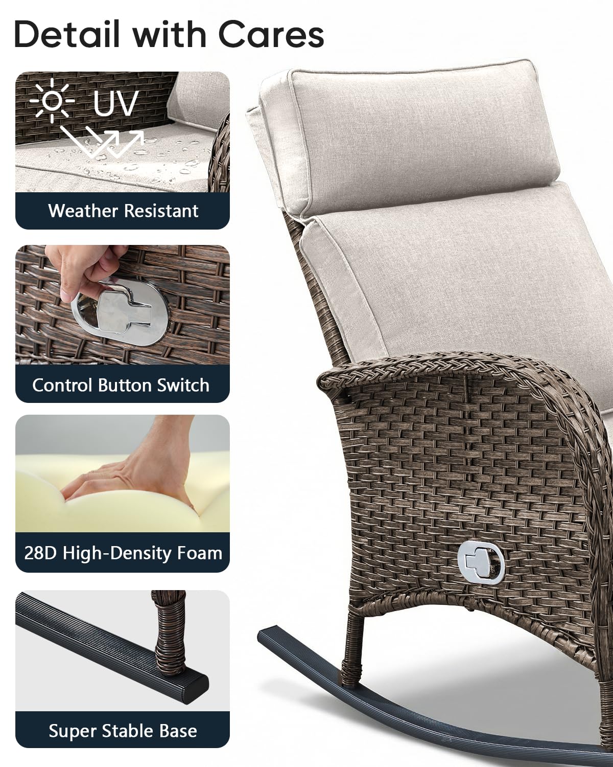 ACTREST Outdoor Recliner Rocking Chairs with Adjustable Backrest&Ottoman - Set of 2 Dural-Adjust High Back Brown Wicker Patio Lounges Reclining Rockers for Porch Poolside Pool Sunbathing - Beige