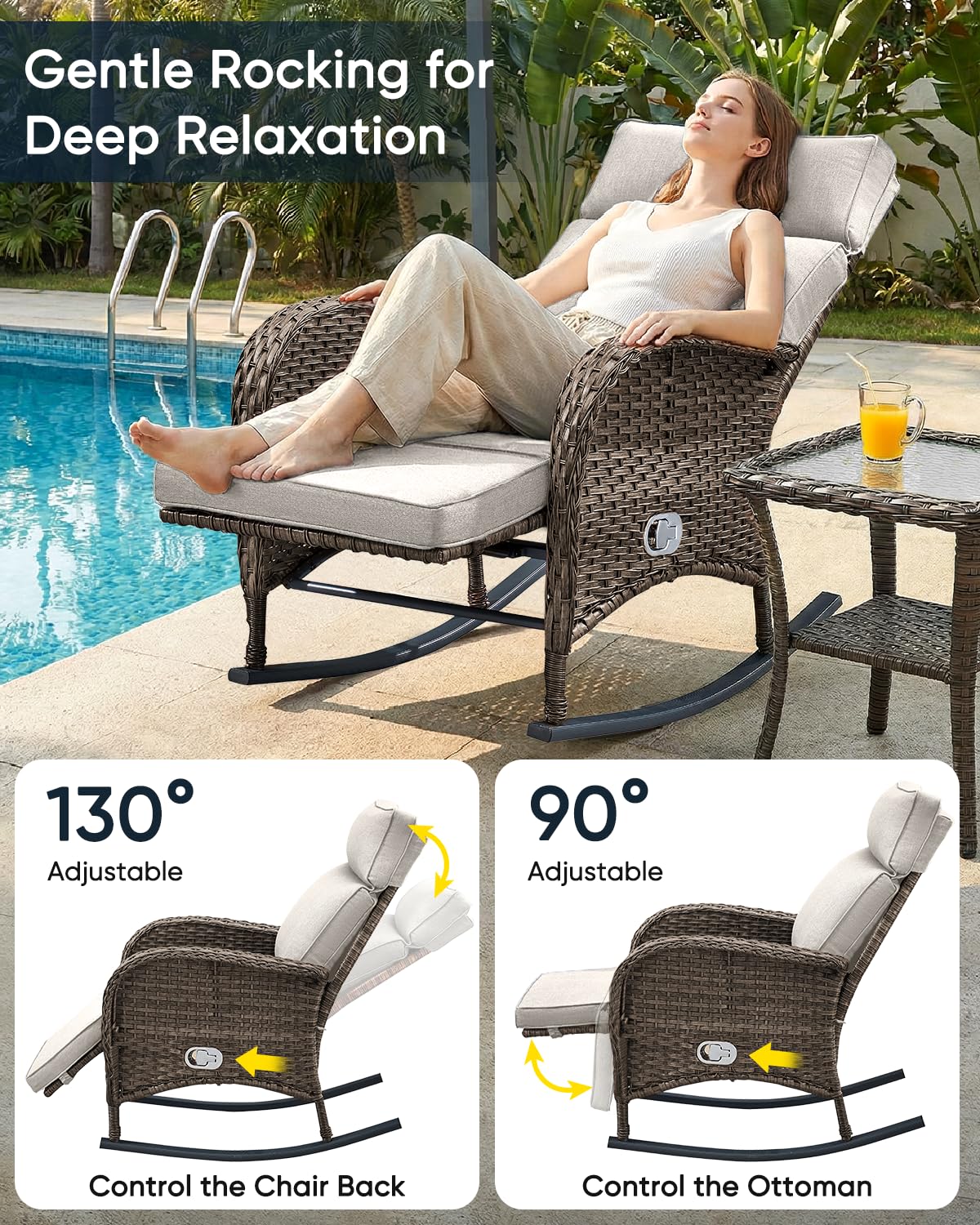 ACTREST Outdoor Recliner Rocking Chairs with Adjustable Backrest&Ottoman - Set of 2 Dural-Adjust High Back Brown Wicker Patio Lounges Reclining Rockers for Porch Poolside Pool Sunbathing - Beige