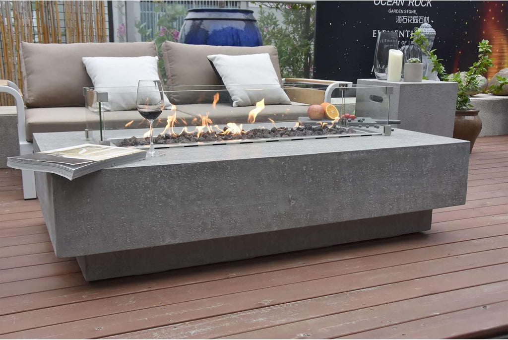 Hampton Fire Table Outdoor Fire Pit 56" X 32" Cast Concrete Firepit Includes Lava Rocks 45,000 Btus Outdoor Fireplace for Patio Furniture Set, Deck, Porch, Outdoor Heater - Liquid Propane