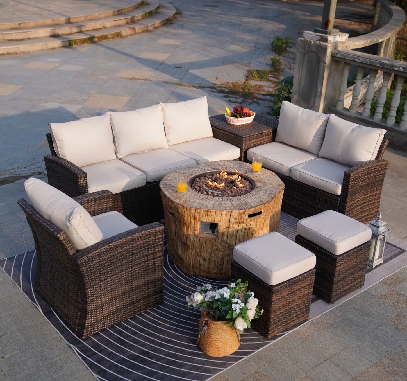 7-Piece Patio Brown Wicker Conversation Sofa Set with 40" Fire Pit Table