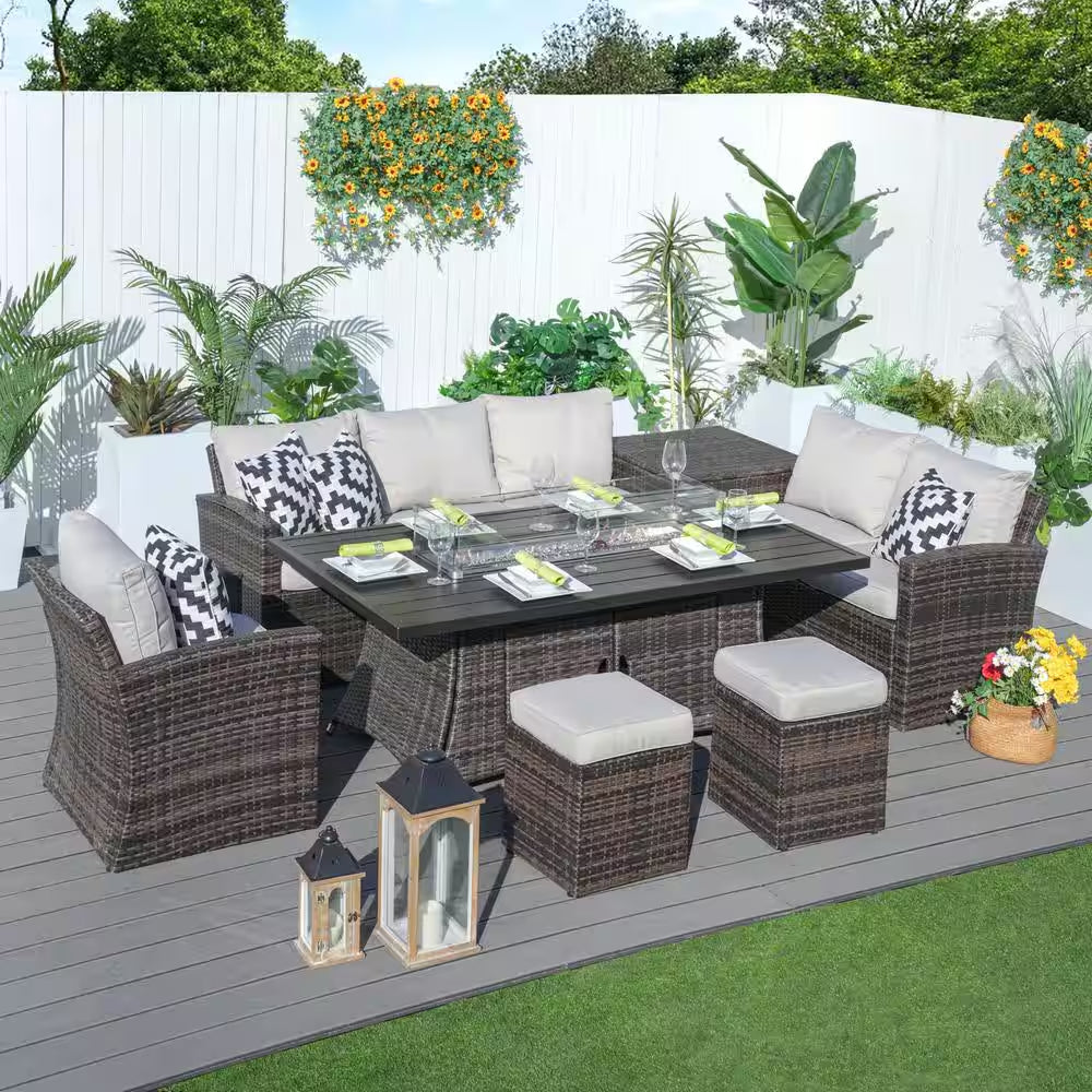 Madison 7-Piece Wicker Patio Fire Pit Conversation Sofa Set with Beige Cushions