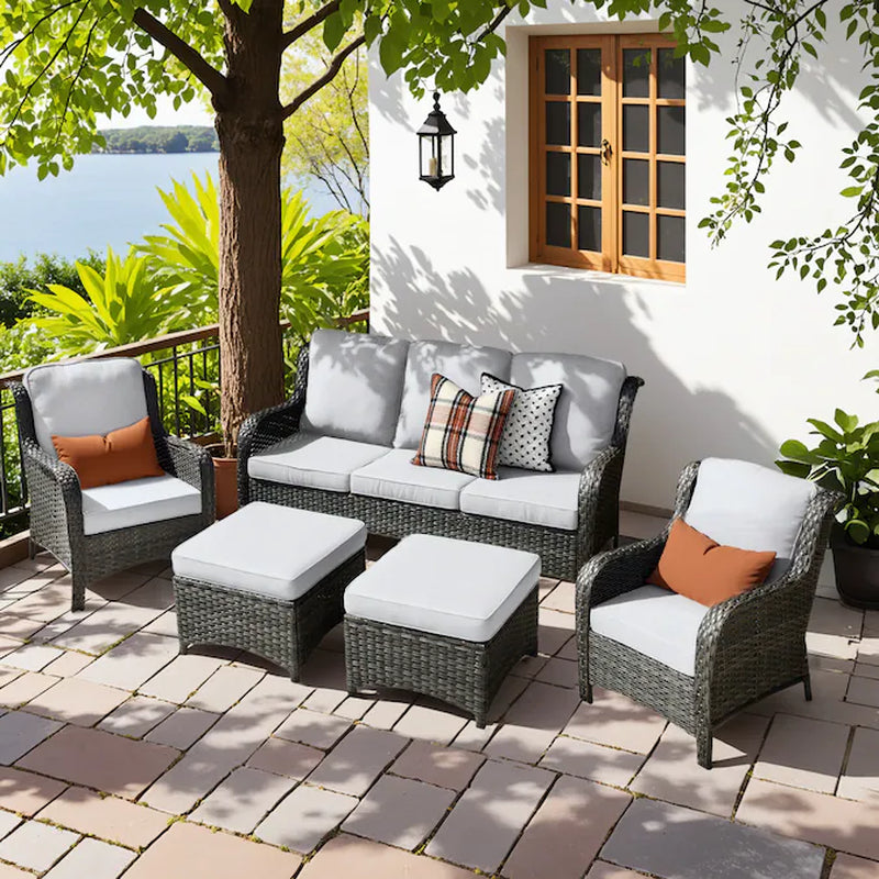 New Kenard 5 -Piece Woven Patio Sofa Conversation Set with Blue Cushions