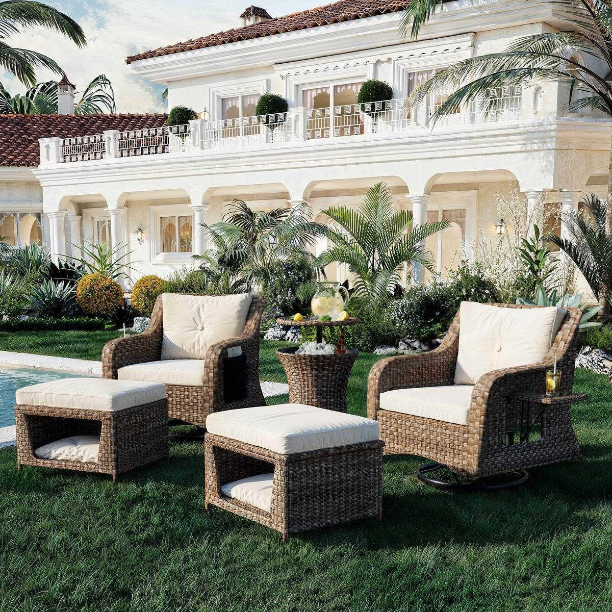 5 Pcs Outdoor Patio Furniture Set with Pet House Cool Bar and Retractable Side Tray, Rattan Wicker Patio Swivel Rocking Chairs Set of 2 with Ottomans for Backyard, Porch, Balcony, Beige