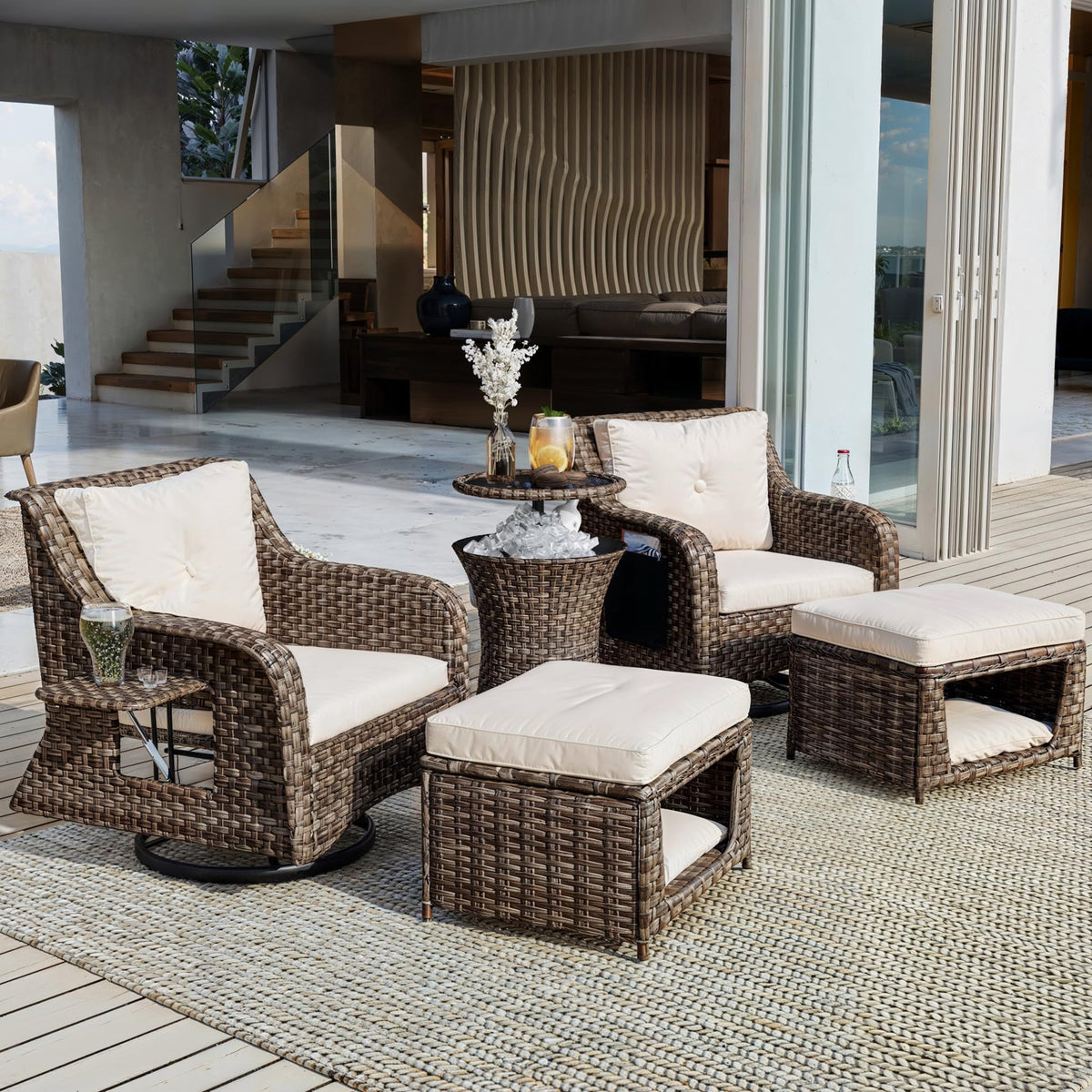 5 Pcs Outdoor Patio Furniture Set with Pet House Cool Bar and Retractable Side Tray, Rattan Wicker Patio Swivel Rocking Chairs Set of 2 with Ottomans for Backyard, Porch, Balcony, Beige