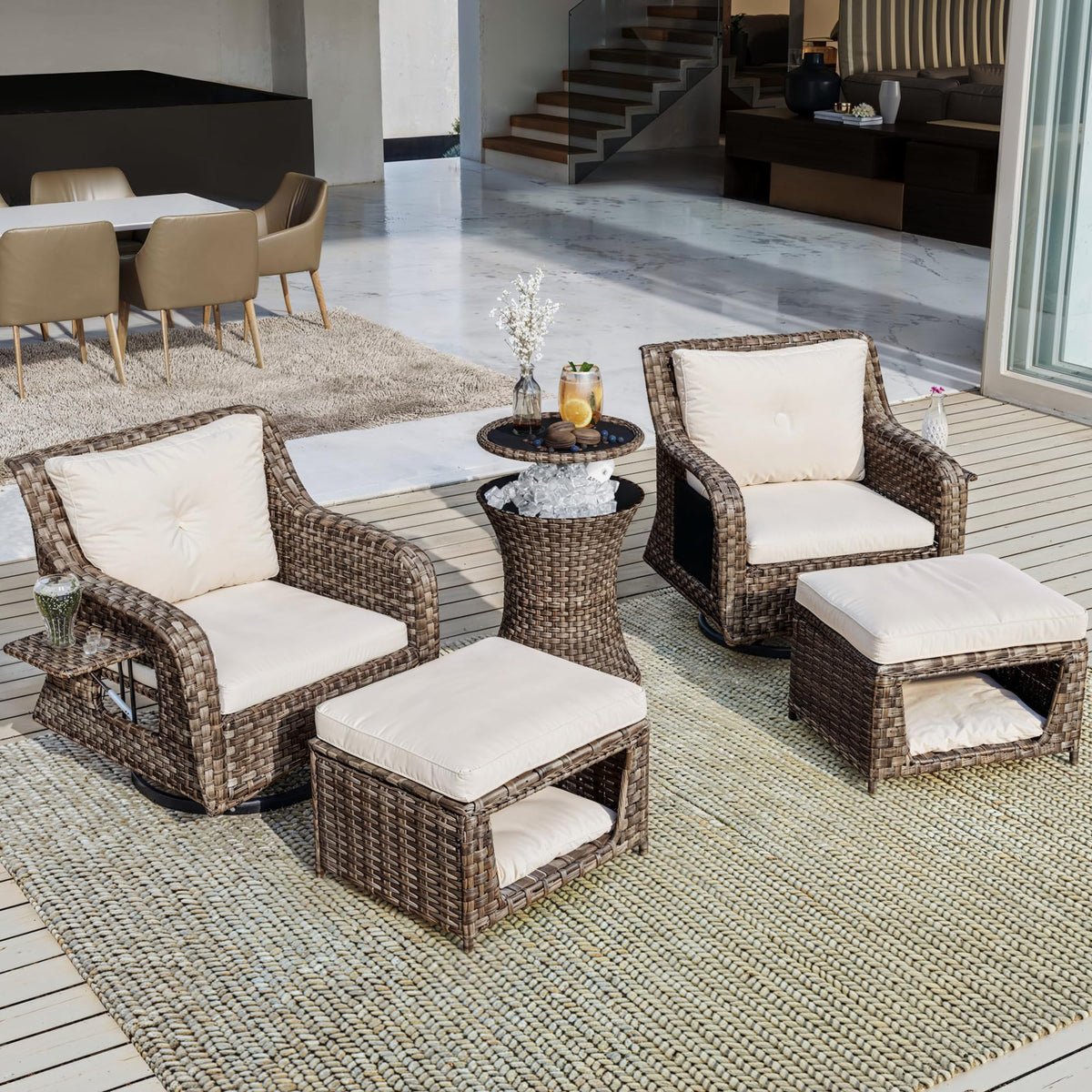 5 Pcs Outdoor Patio Furniture Set with Pet House Cool Bar and Retractable Side Tray, Rattan Wicker Patio Swivel Rocking Chairs Set of 2 with Ottomans for Backyard, Porch, Balcony, Beige