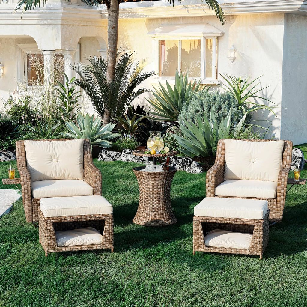 5 Pcs Outdoor Patio Furniture Set with Pet House Cool Bar and Retractable Side Tray, Rattan Wicker Patio Swivel Rocking Chairs Set of 2 with Ottomans for Backyard, Porch, Balcony, Beige
