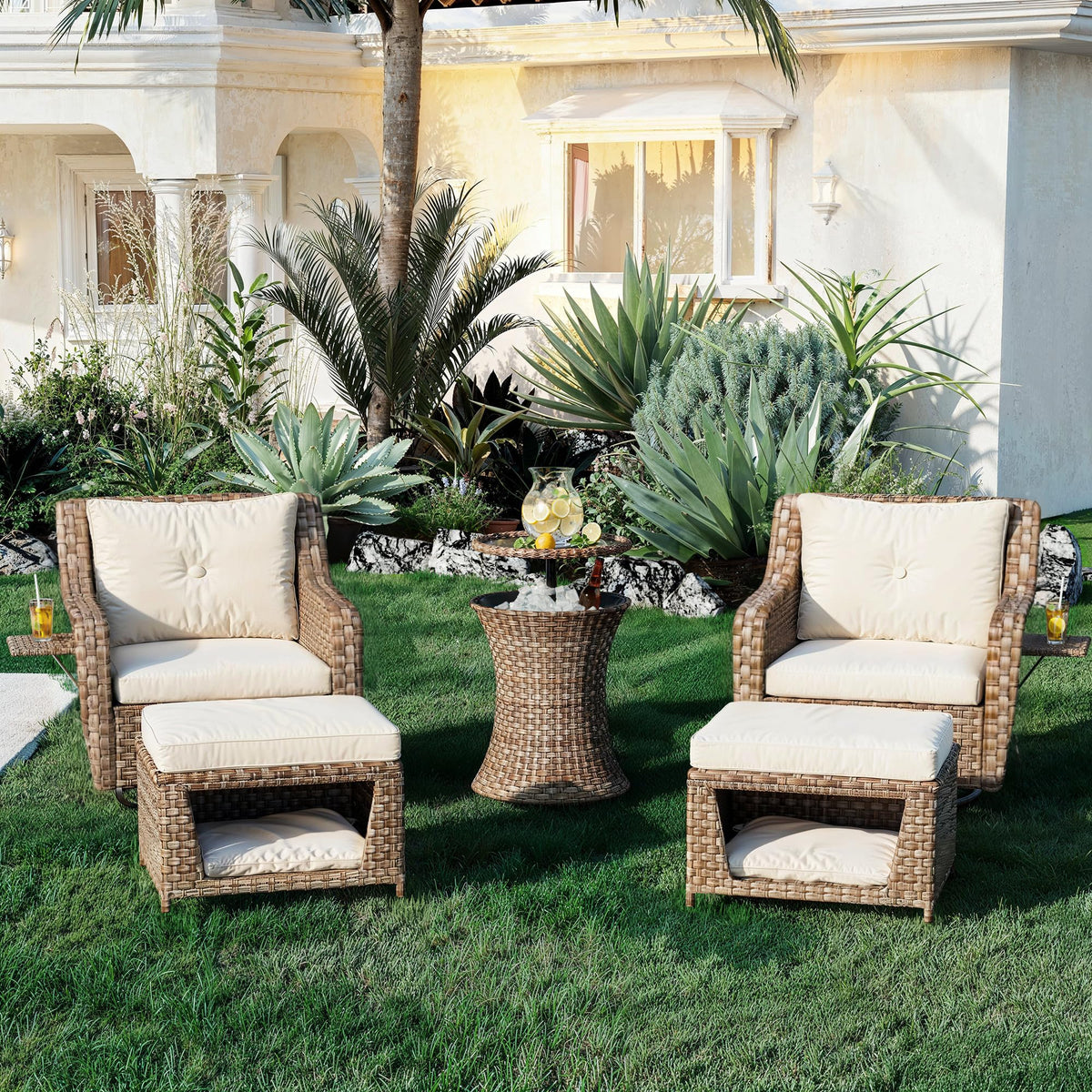 5 Pcs Outdoor Patio Furniture Set with Pet House Cool Bar and Retractable Side Tray, Rattan Wicker Patio Swivel Rocking Chairs Set of 2 with Ottomans for Backyard, Porch, Balcony, Beige