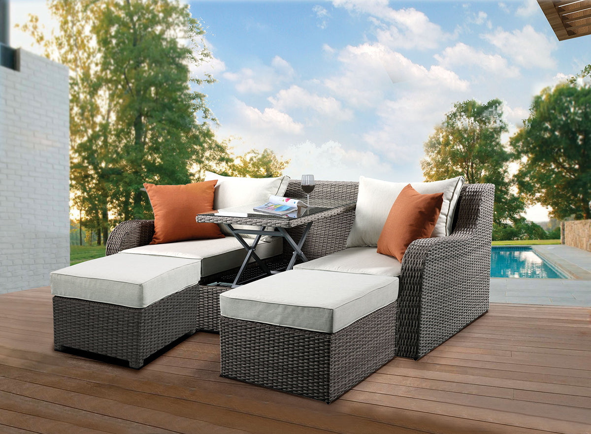 Beige Fabric Gray Wicker Patio Sofa W,2 Pillows 2 Ottomans