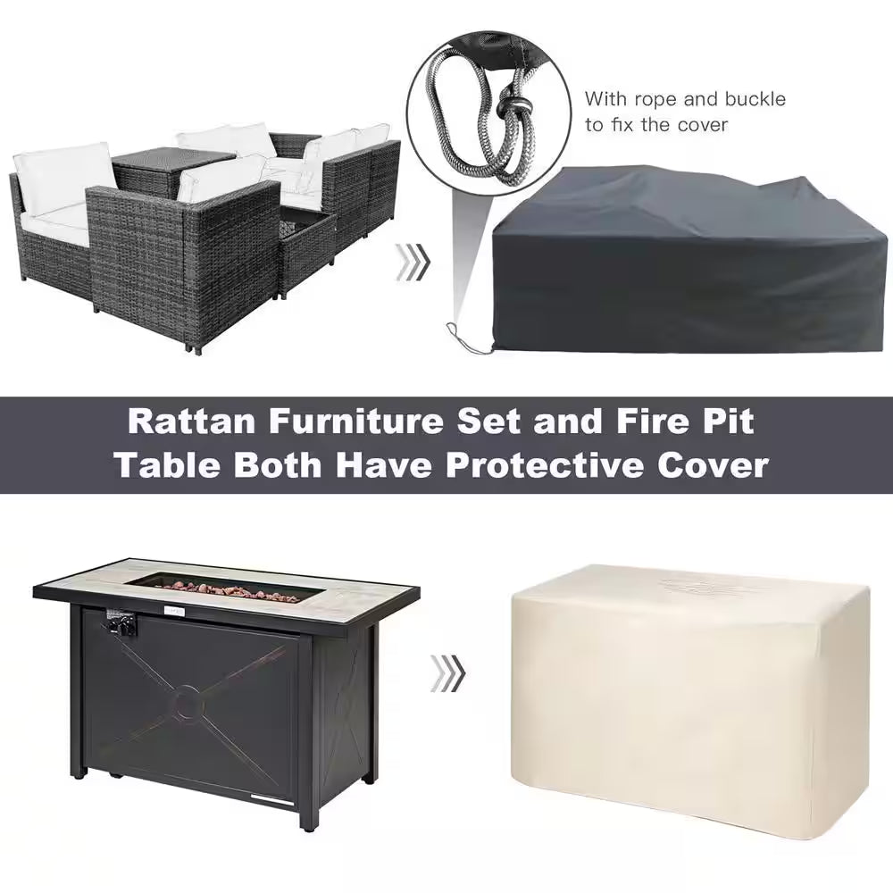 9-Pieces Patio Rattan Furniture Set Fire Pit Table Storage Black with Cover off White