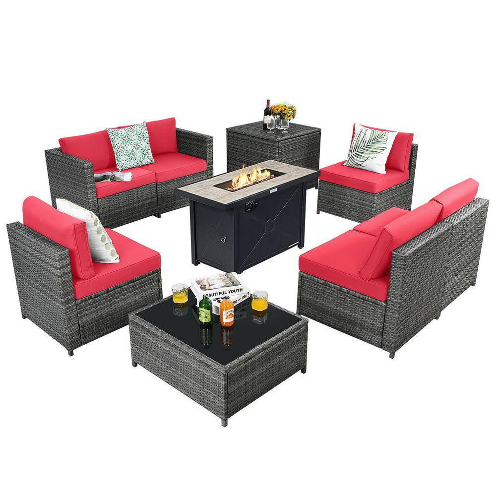 9-Pieces Patio Rattan Furniture Set Fire Pit Table Storage Black with Cover Red