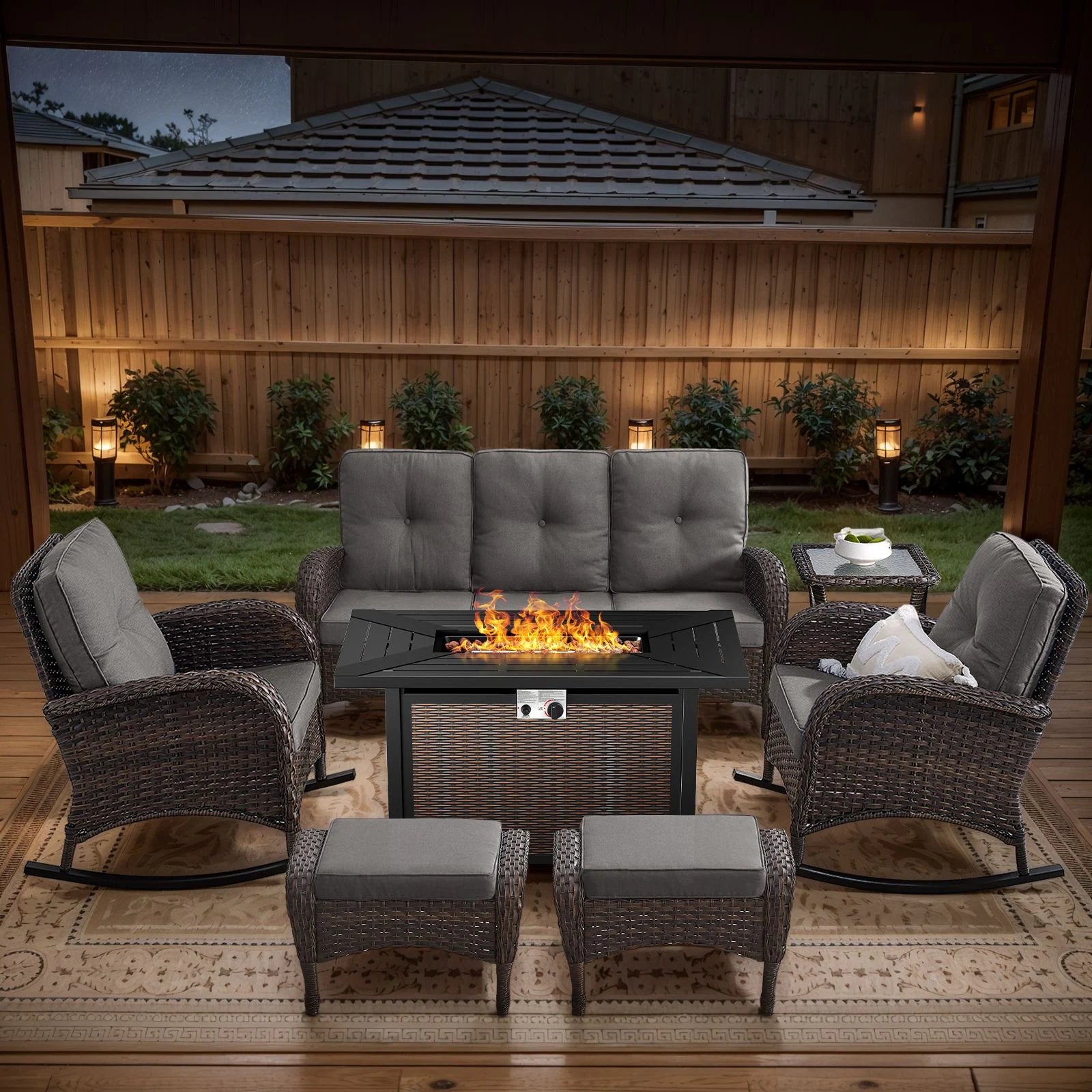 Outdoor Fire Pit Conversation Set, 3-Seat Sofa & Chairs Patio Furniture Set
