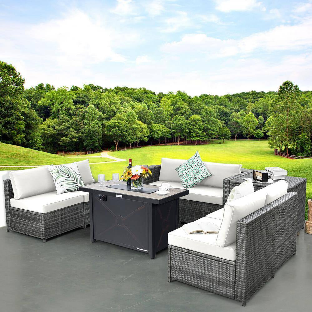 9-Pieces Patio Rattan Furniture Set Fire Pit Table Storage Black with Cover off White