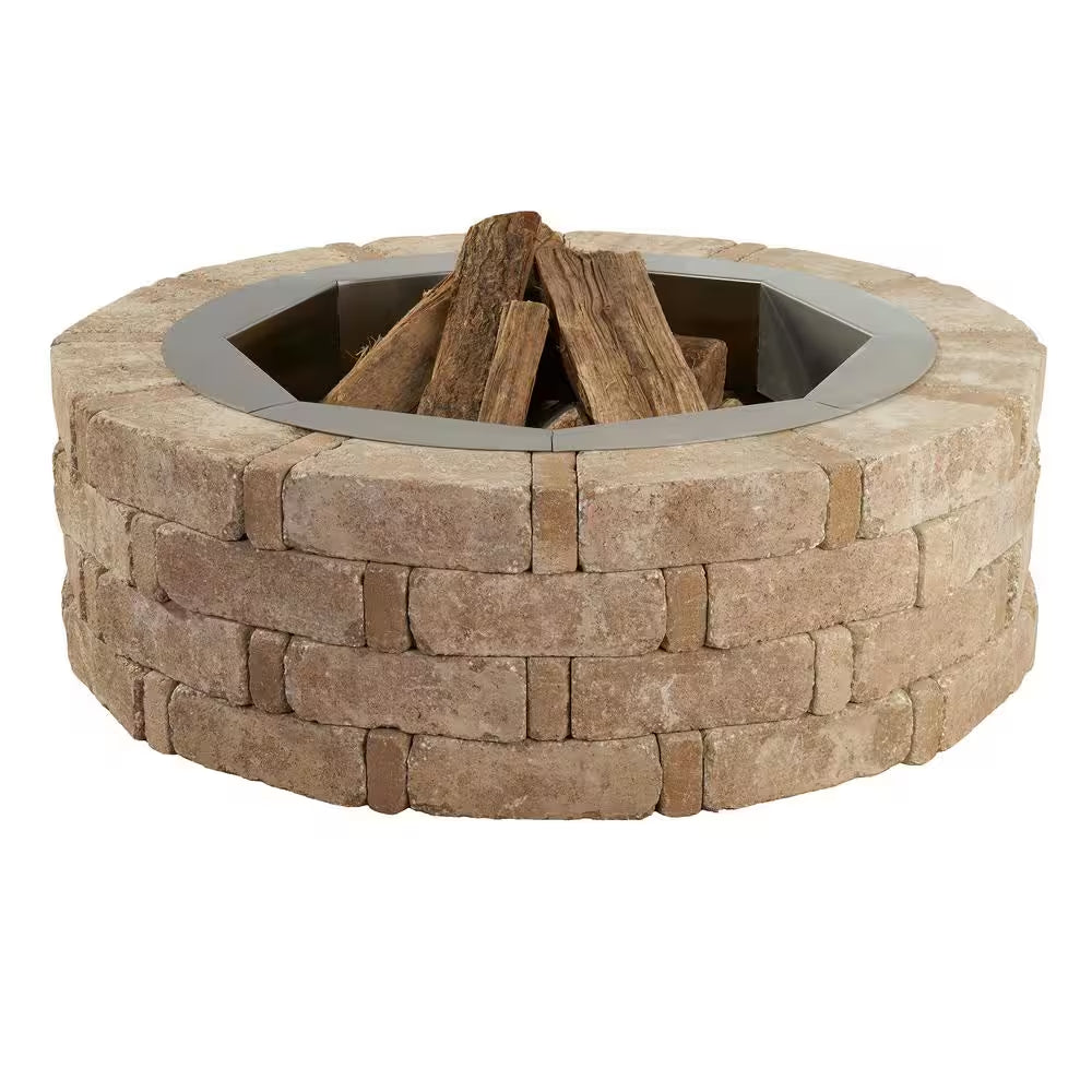 Rumblestone 46 In. X 14 In. round Concrete Fire Pit Kit No. 2 in Cafe with round Steel Insert