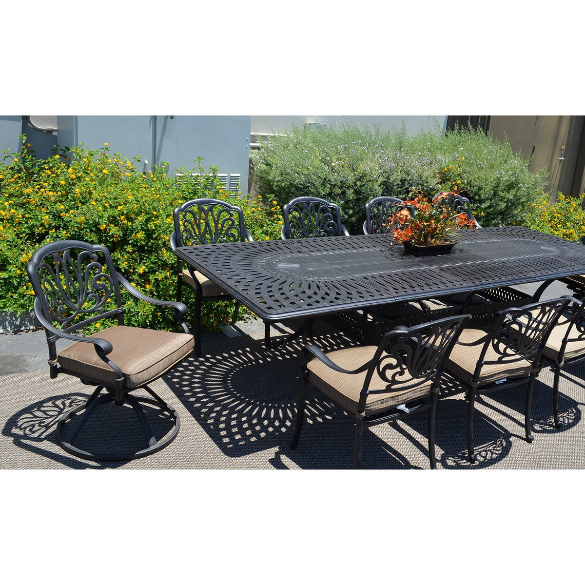 Patio Land Elizabeth Outdoor Cast Aluminum Powder Coated 11-Piece Dining Set with Extendable 132in Rectangular Dining Table (Premium-Linen-Sesame Cushions)