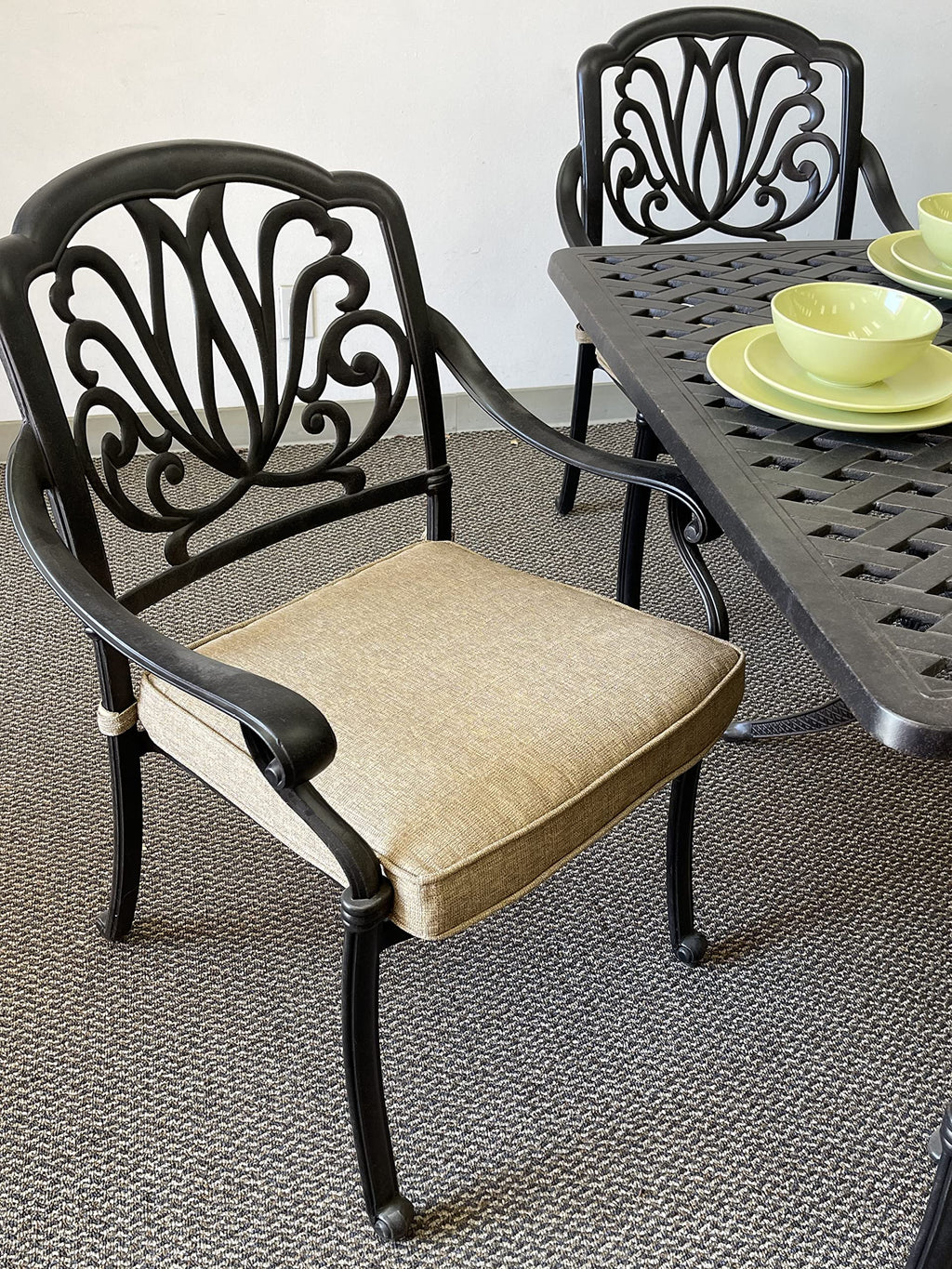 Patio Land Elizabeth Outdoor Cast Aluminum Powder Coated 11-Piece Dining Set with Extendable 132in Rectangular Dining Table (Premium-Linen-Sesame Cushions)