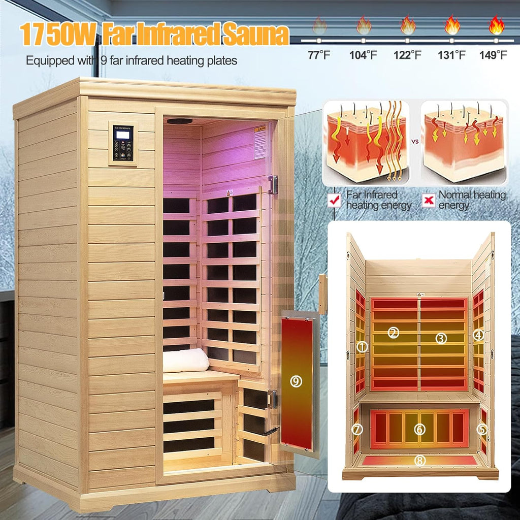 Low EMF Indoor Sauna, Infrared Sauna for Home, 2 Person Infrared Sauna, Canadian Hemlock, 9 Low EMF Heaters, 2 Chromotherapy Lights, 2 Bluetooth Speakers, 1 LED Reading Lamp, 1750W