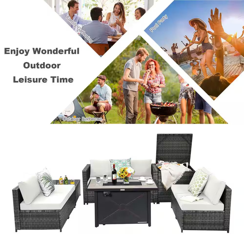 9-Pieces Patio Rattan Furniture Set Fire Pit Table Storage Black with Cover off White
