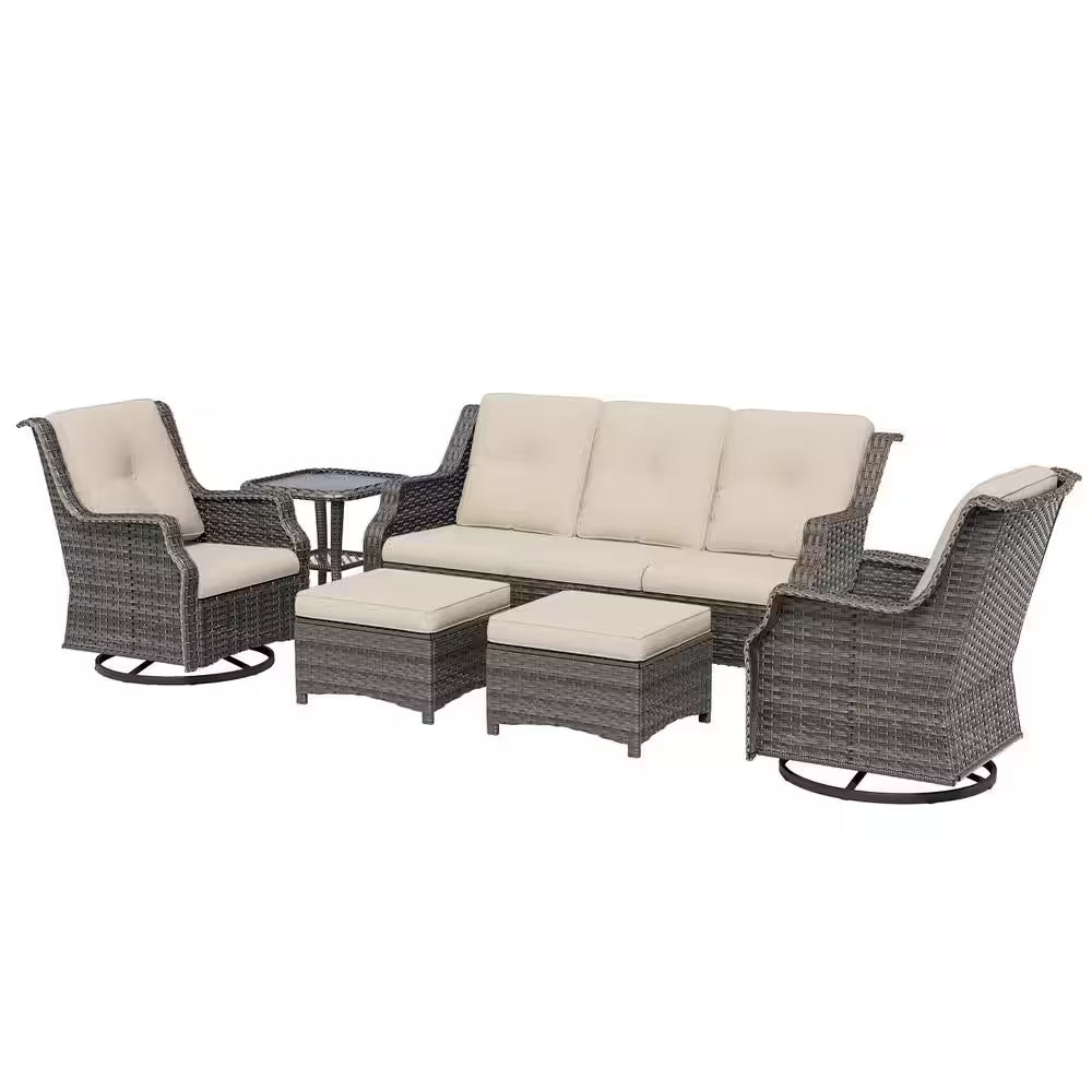 6-Pieces Wicker Outdoor Patio Furniture Set Rattan Chair Wicker Set with Beige Cushion