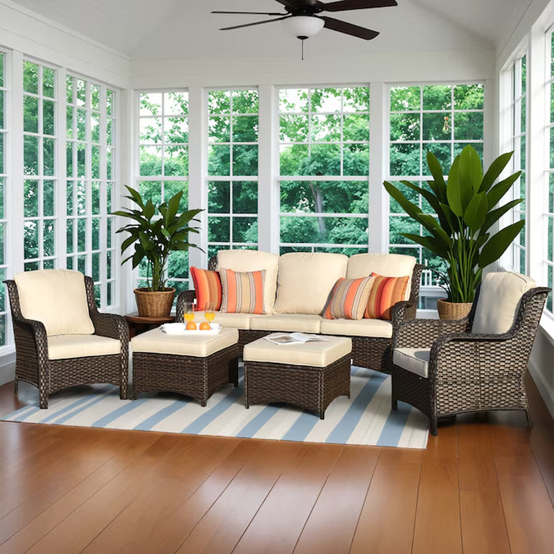 New Kenard 5 -Piece Woven Patio Sofa Conversation Set with Blue Cushions