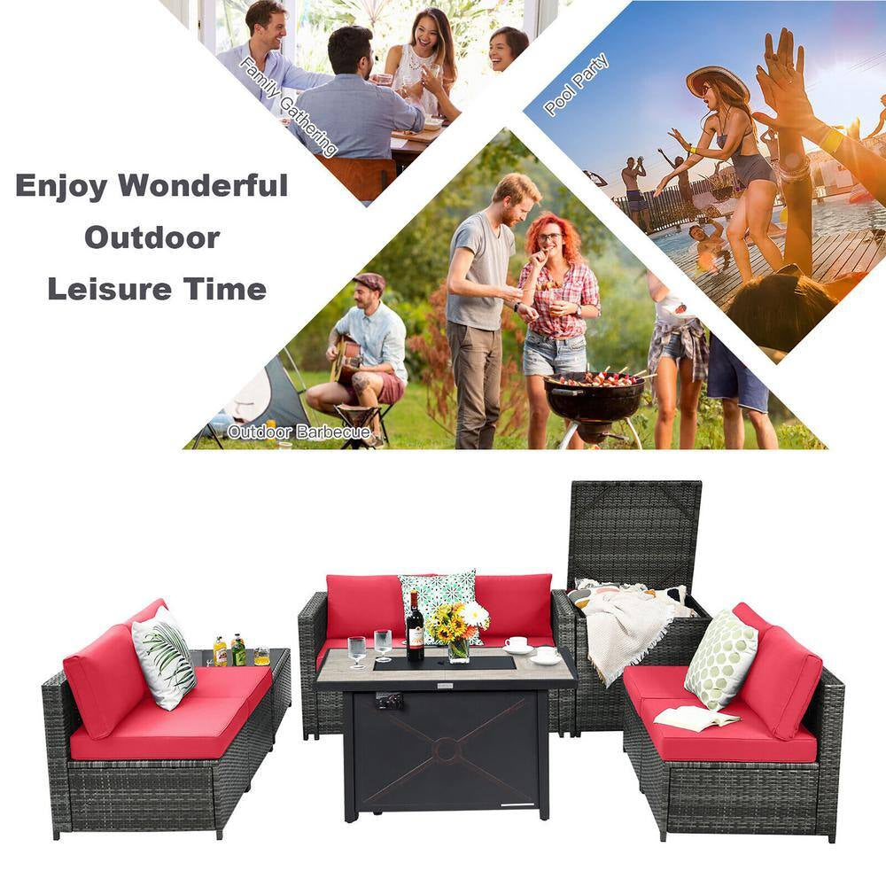9-Pieces Patio Rattan Furniture Set Fire Pit Table Storage Black with Cover Red