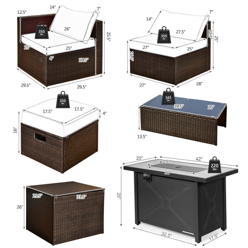 9 Pieces Outdoor Patio Furniture Set with 42 Inch Propane Fire Pit Table