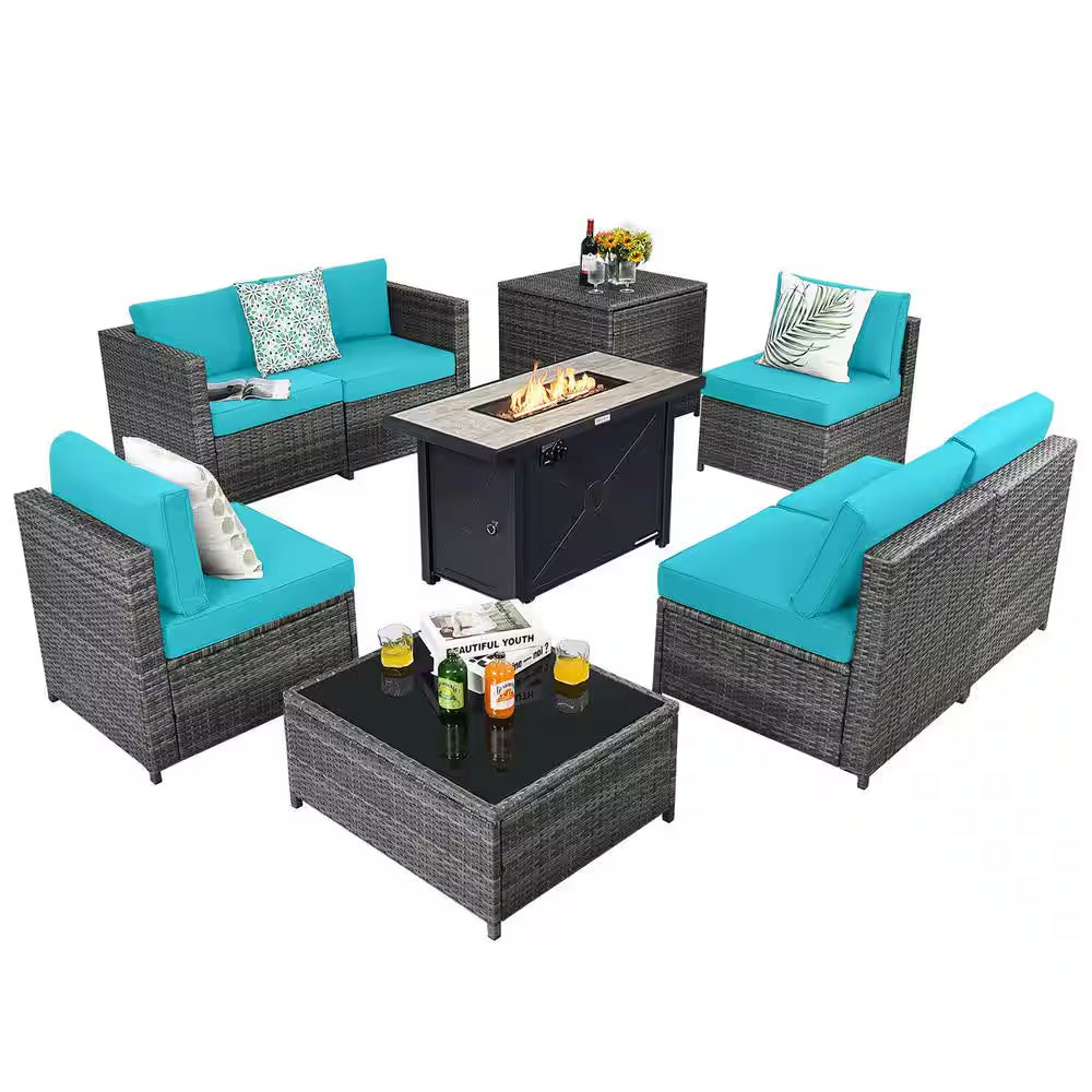 9-Pieces Patio Rattan Furniture Set Fire Pit Table Storage Black with Cover Turquoise