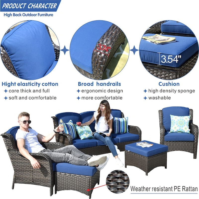 New Kenard 5 -Piece Woven Patio Sofa Conversation Set with Blue Cushions
