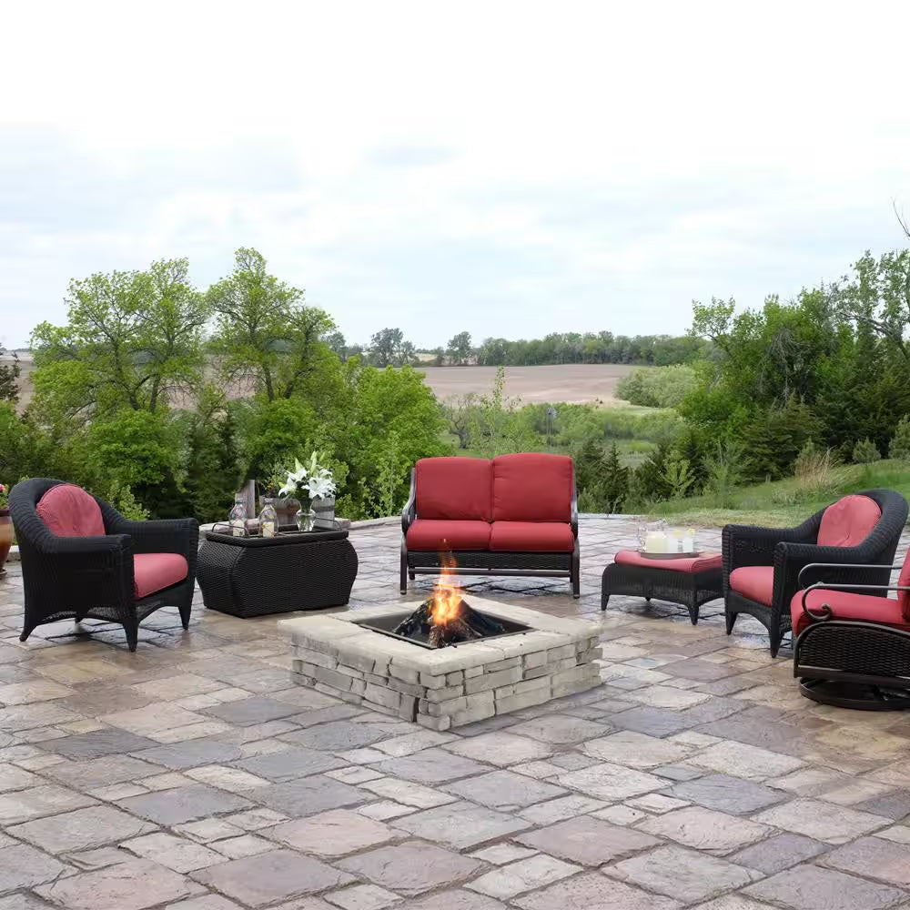 28 In. X 14 In. Steel Wood Random Stone Gray Square Fire Pit