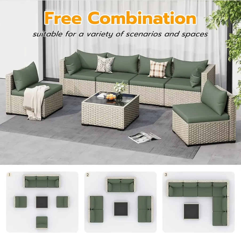 Outdoor Patio Furniture Set, 7-Piece PE Wicker Sectional Sofa with Tea Table, Outdoor Conversation Set for Patio,Garden,Backyard