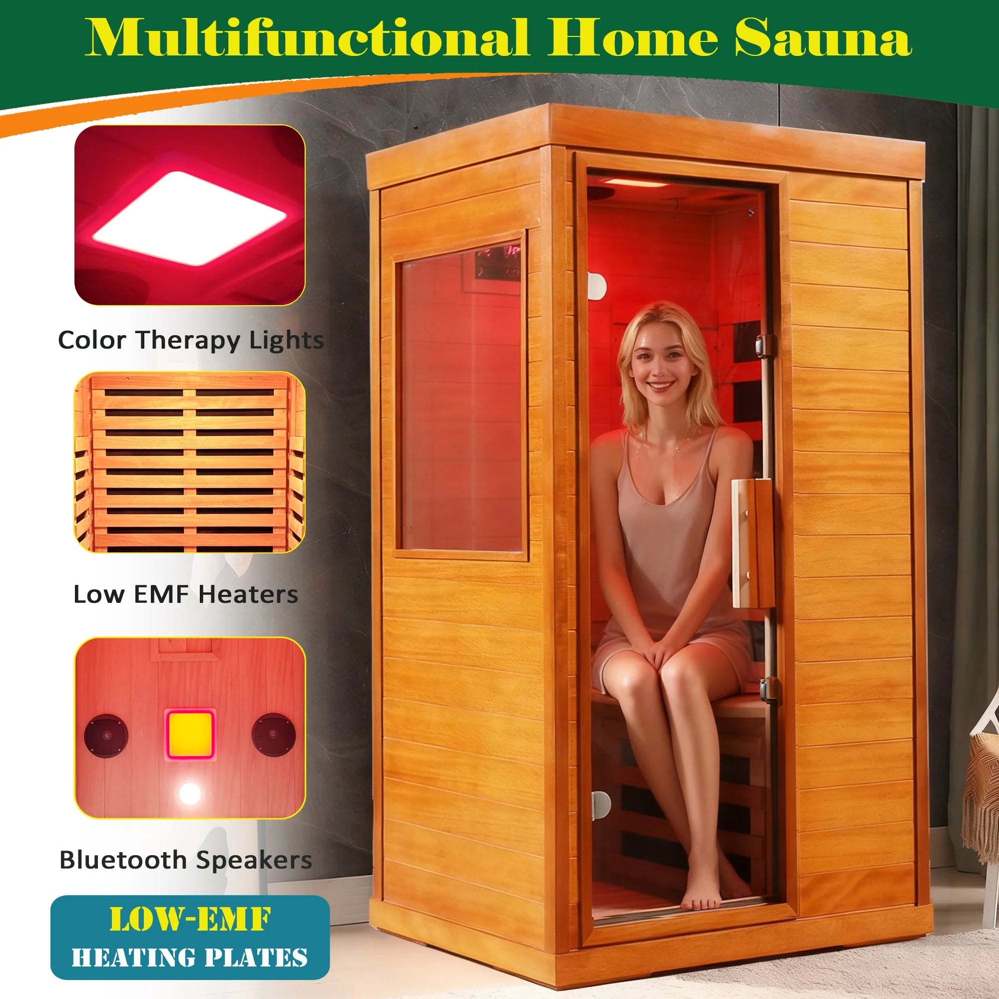 Dry Sauna for Home, 1120W Far Infrared Saunabox with 7-Color Therapy Light, 1-Person Indoor Sauna Room W/ Red Light Therapy, Bluetooth Audio, LED Reading Light, 77-140℉, Multi-Function Settin
