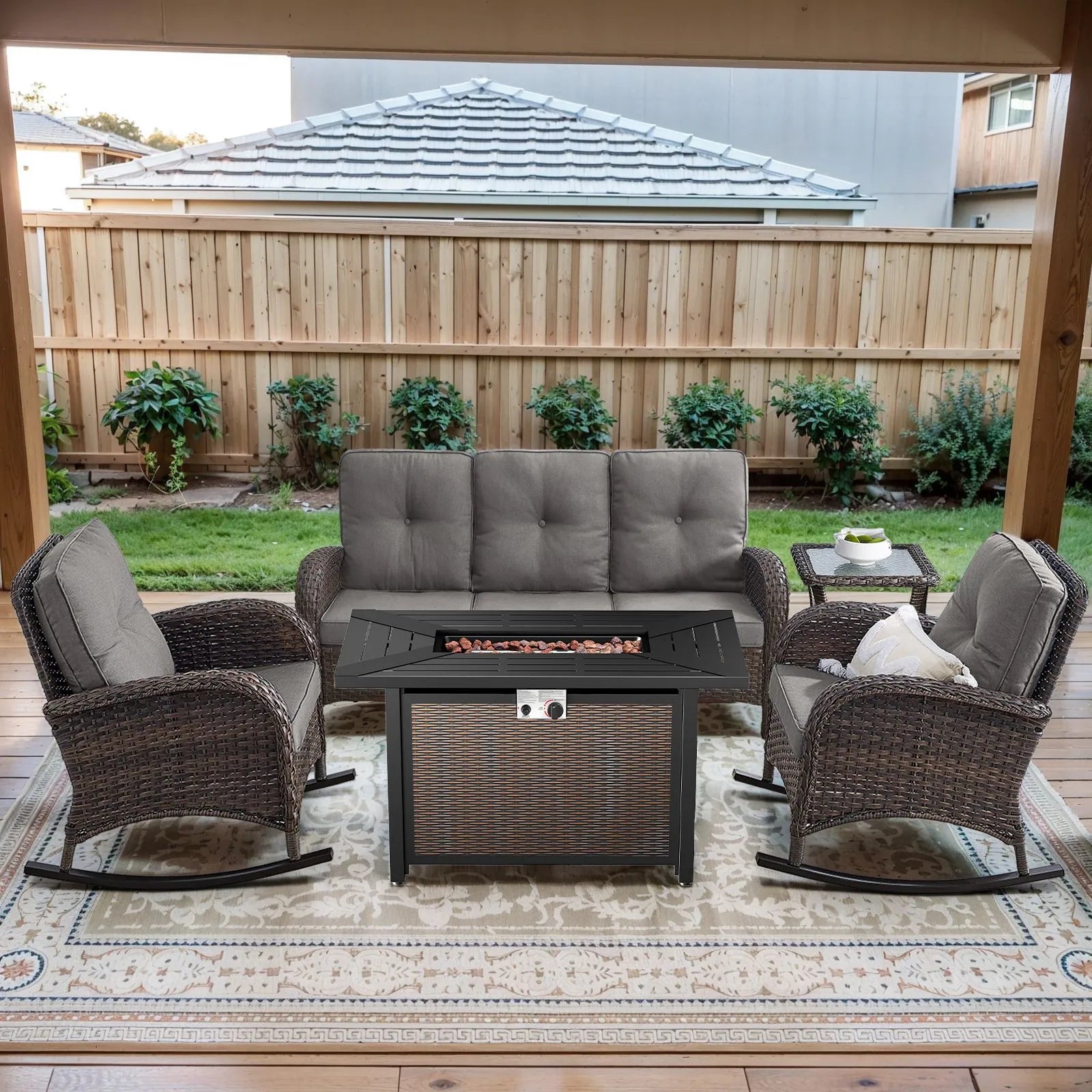 Outdoor Fire Pit Conversation Set, 3-Seat Sofa & Chairs Patio Furniture Set