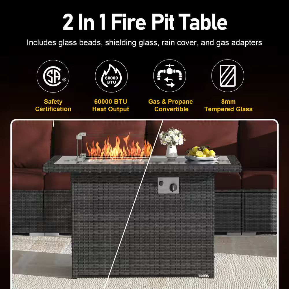 15-Piece Large Size Gray Wicker Patio Conversation Sofa Set with Dark Red Cushions Fire Pit Table and Coffee Tables