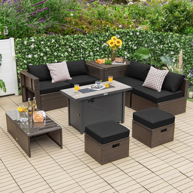 9 Pieces Outdoor Patio Furniture Set with 42 Inch Propane Fire Pit Table