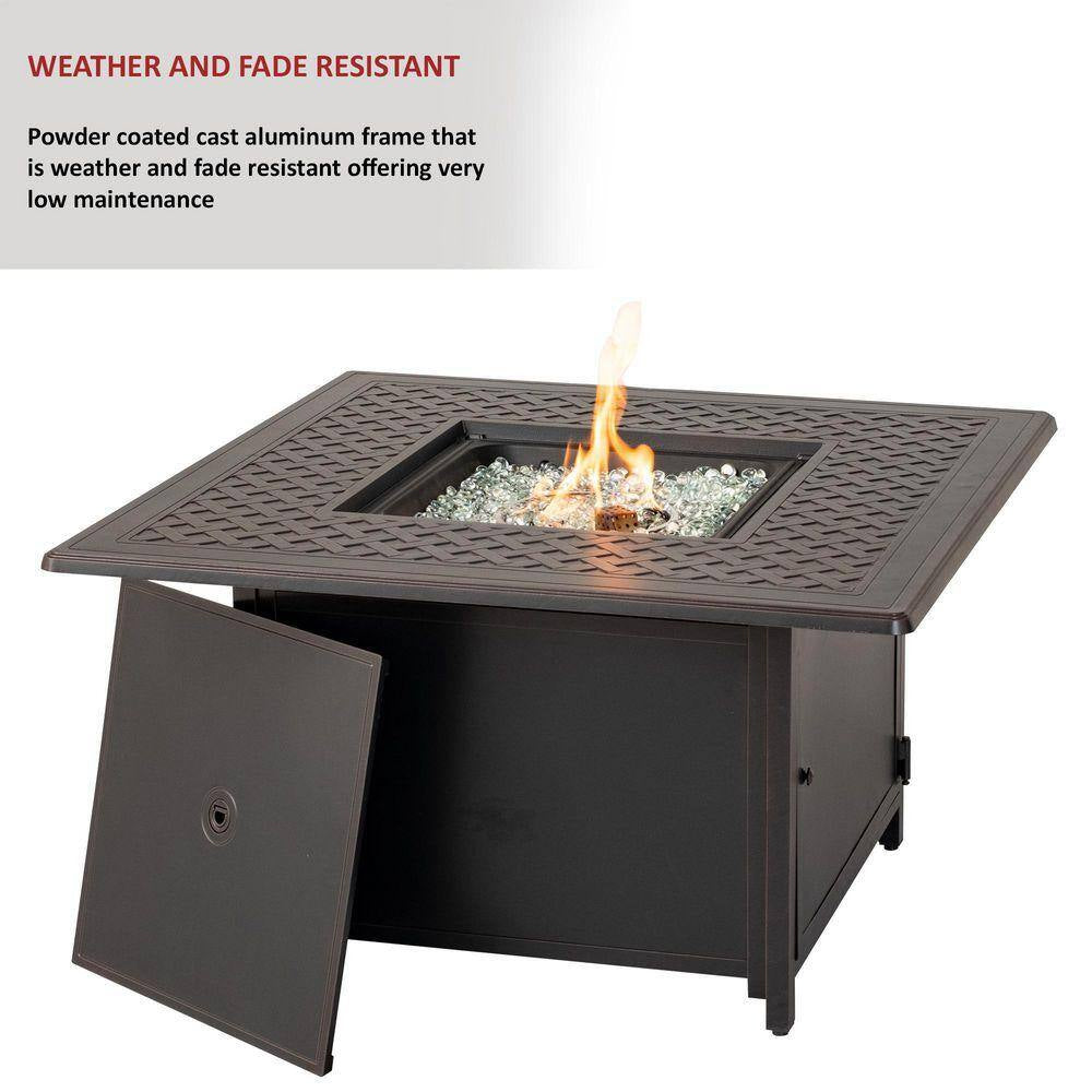42 In. Topaz Cast Aluminum Heron Square Gas Fire Pit Chat Table with Clear Glass Fire Beads