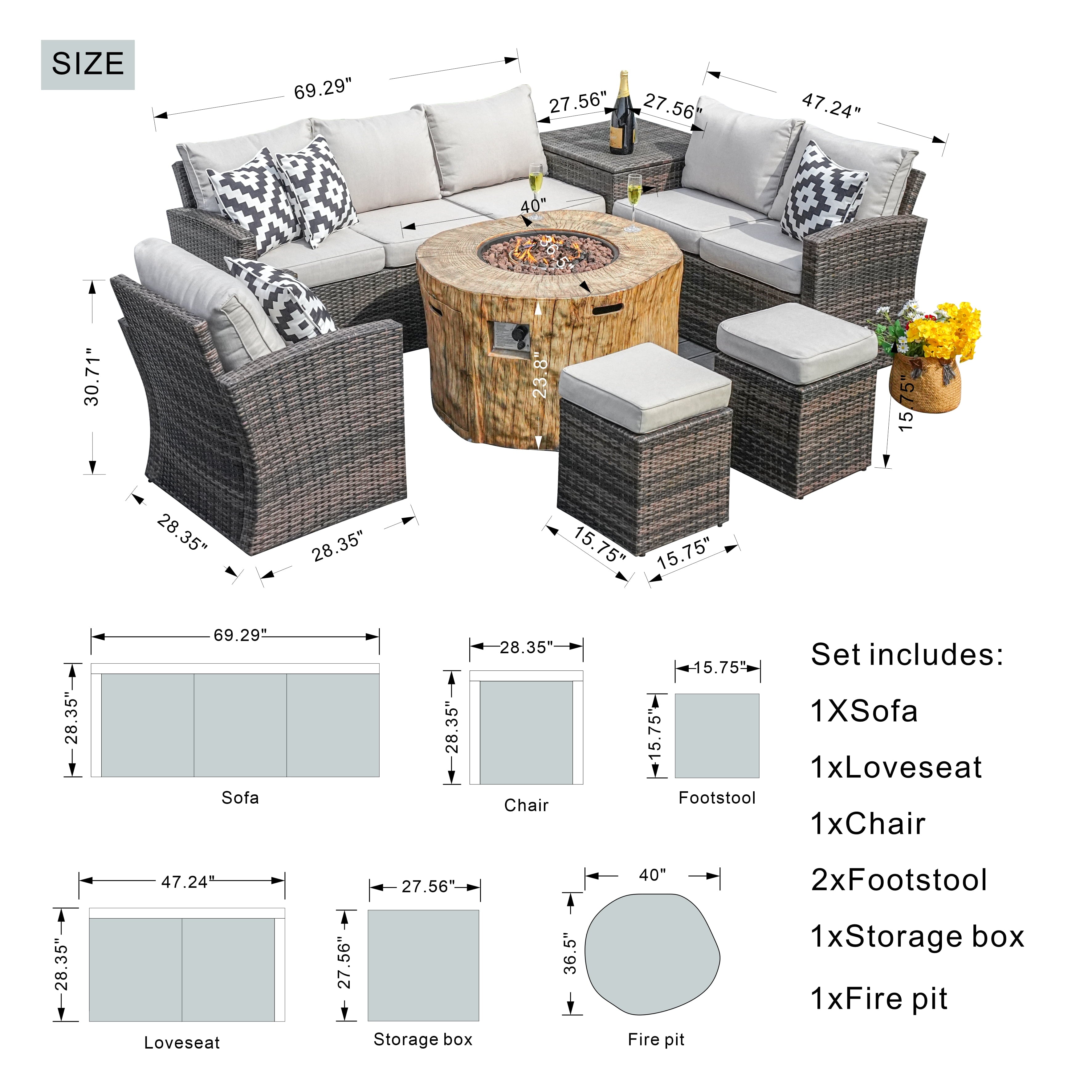 7-Piece Patio Brown Wicker Conversation Sofa Set with 40" Fire Pit Table