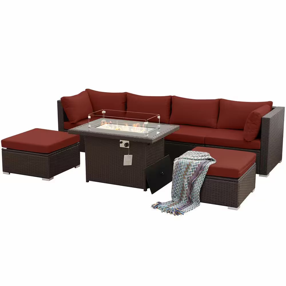 7 Piece Large Espresso Wicker Patio Fire Pit Sectional Deep Seating Sofa Set with Ottamans and Ruby Red Cushions