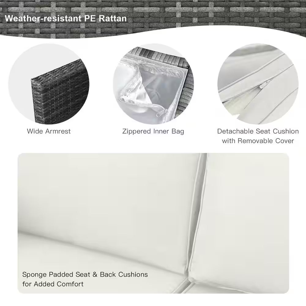 9-Pieces Patio Rattan Furniture Set Fire Pit Table Storage Black with Cover off White