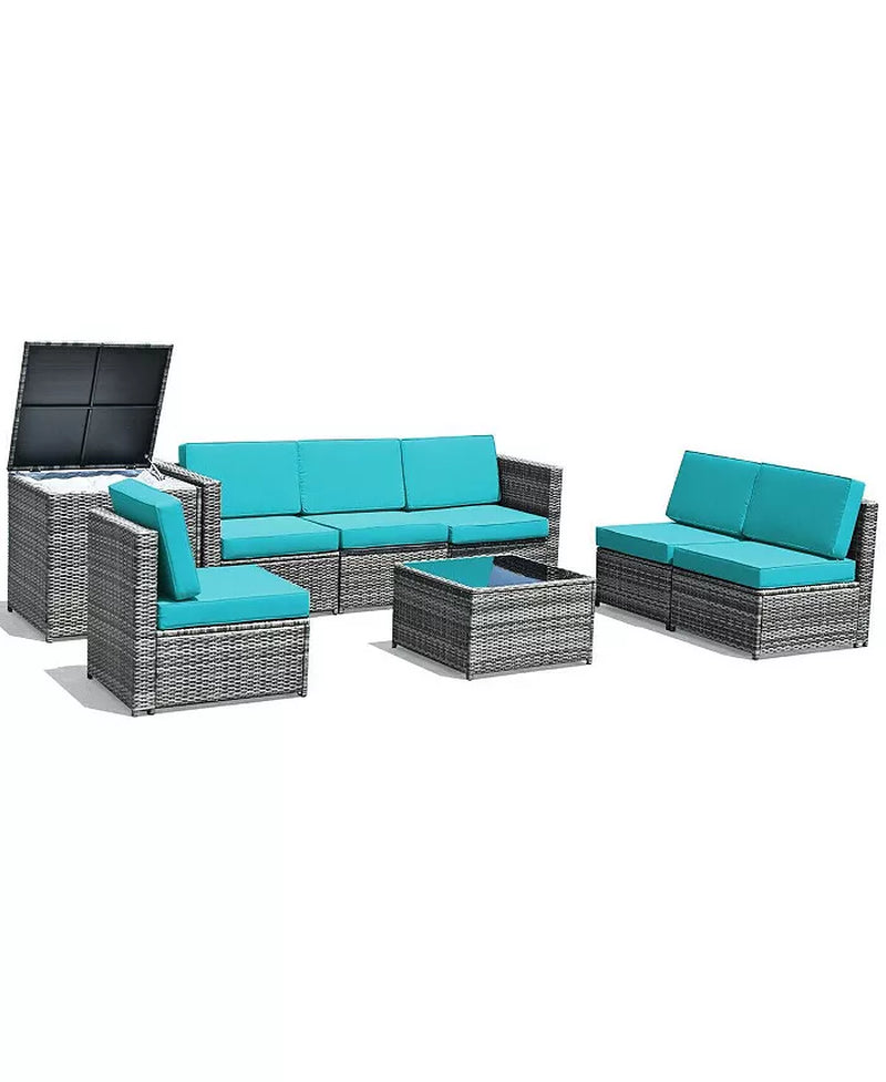 8 Piece Wicker Sofa Rattan Dinning Set Patio Furniture with Storage Table