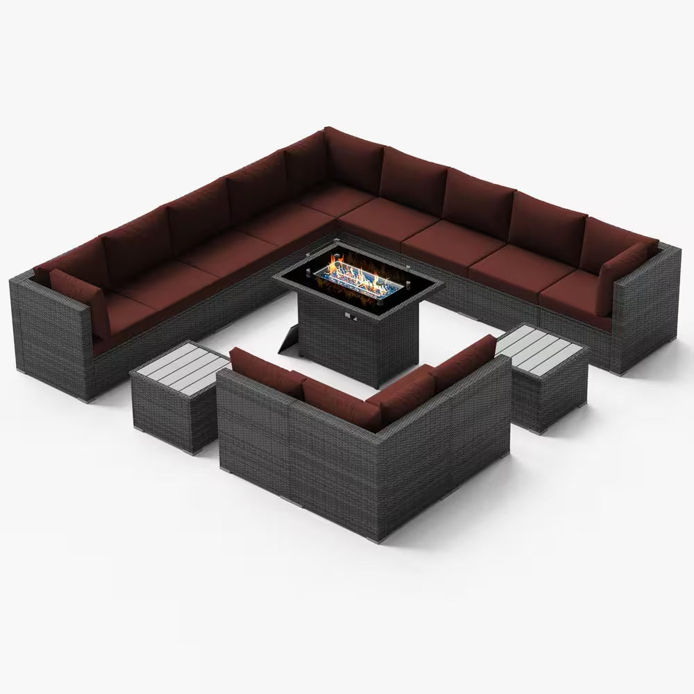 15-Piece Large Size Gray Wicker Patio Conversation Sofa Set with Dark Red Cushions Fire Pit Table and Coffee Tables