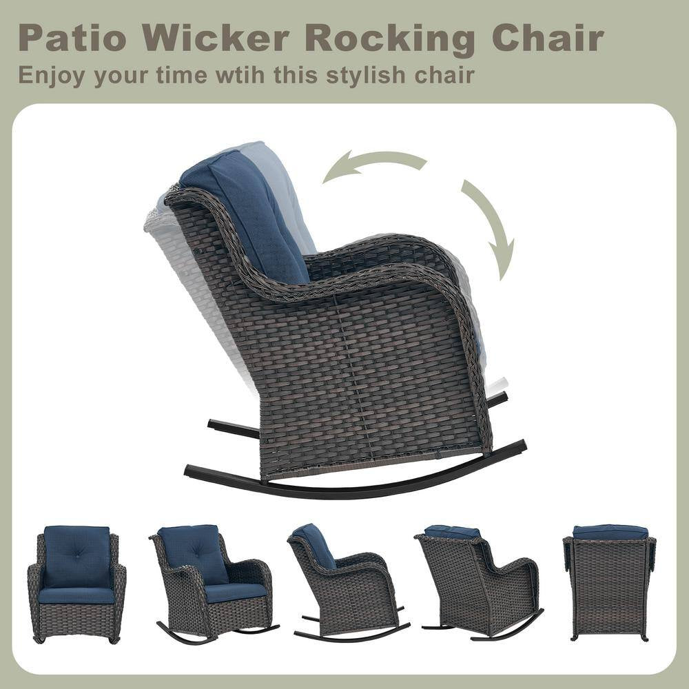 Outdoor Brown Wicker Outdoor Rocking Chair with Cushionguard Blue Cushions Patio (Set 2-Pack)