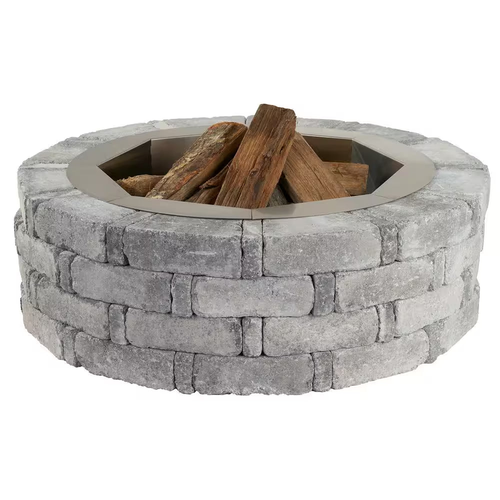 Rumblestone 46 In. X 14 In. round Concrete Fire Pit Kit No. 2 in Greystone with round Steel Insert