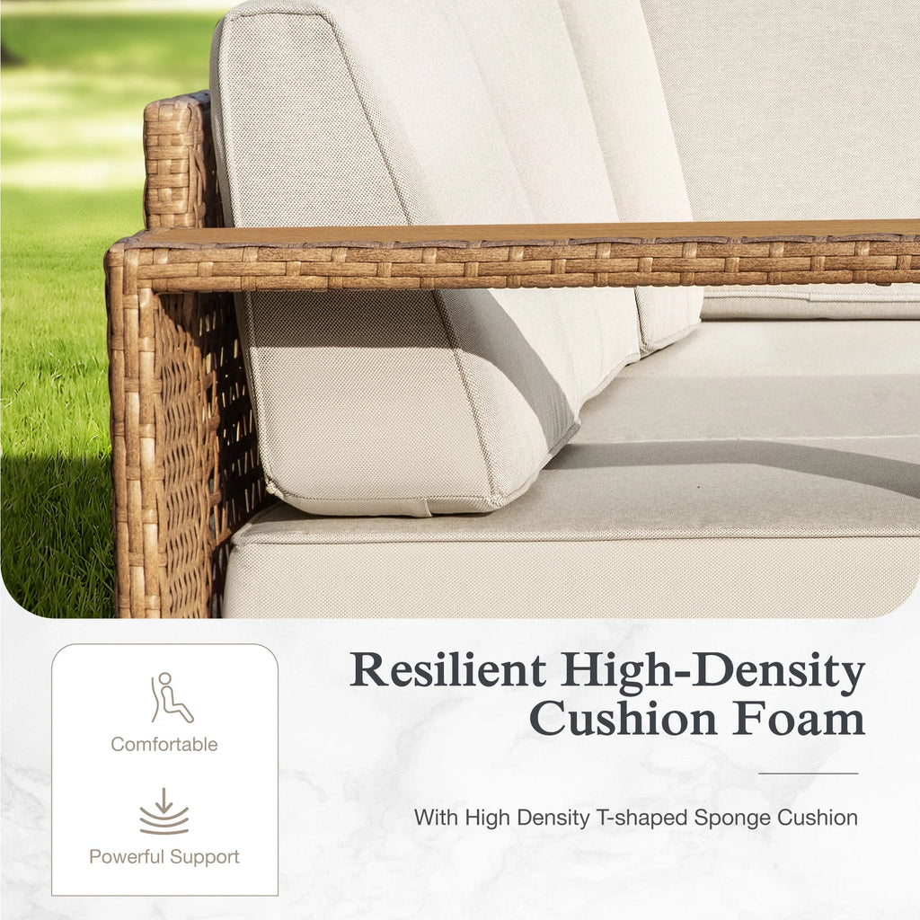 6 Pieces U-Shaped Wicker Patio Furniture Set 6-Seat Outdoor Cushioned Conversation Set, Yellow-Brown & Beige